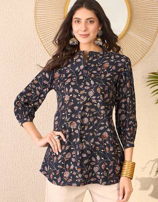 Women navy blue cotton blend floral printed regular top 5