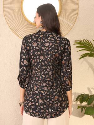 Women black cotton blend floral printed regular top 4