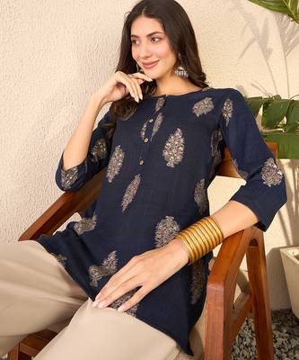 Women navy blue cotton blend floral printed regular top 1