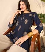Women navy blue cotton blend floral printed regular top