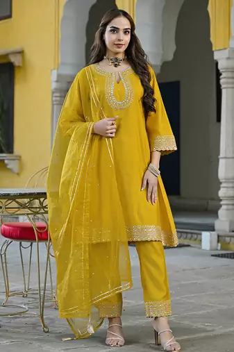 Women mustard silk blend solid embroidered a-line kurta trousers with dupatta
