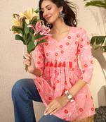 Women pink cotton blend floral printed regular peplum top