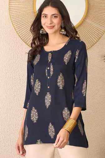 Women navy blue cotton blend floral printed regular top
