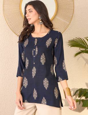Women navy blue cotton blend floral printed regular top 3
