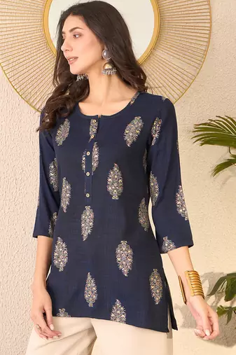 Women navy blue cotton blend floral printed regular top