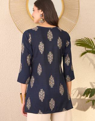 Women navy blue cotton blend floral printed regular top 4