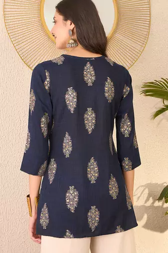 Women navy blue cotton blend floral printed regular top