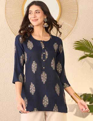 Women navy blue cotton blend floral printed regular top 5