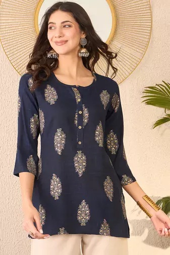 Women navy blue cotton blend floral printed regular top