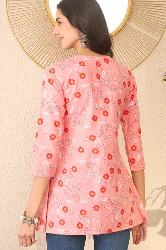Women pink cotton blend floral printed regular peplum top