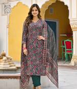 Women green rayon blend floral printed straight kurta trousers with dupatta