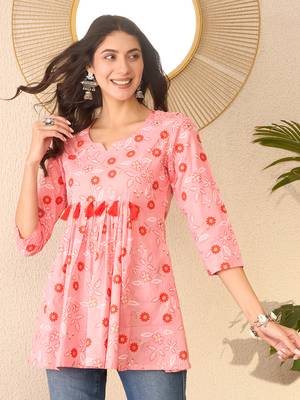 Women pink cotton blend floral printed regular peplum top 5