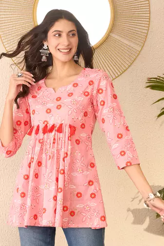 Women pink cotton blend floral printed regular peplum top