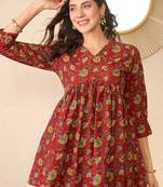 Women red cotton blend floral printed regular peplum top