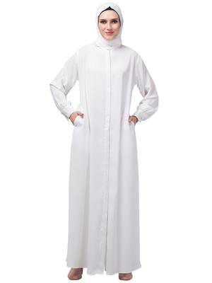 White front open casual Abaya with  cuff at sleeve 1