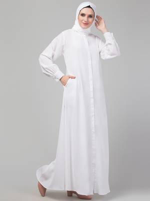 White front open casual Abaya with  cuff at sleeve 2