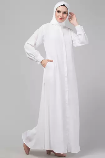 White front open casual Abaya with  cuff at sleeve