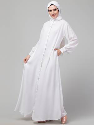 White front open casual Abaya with  cuff at sleeve 3