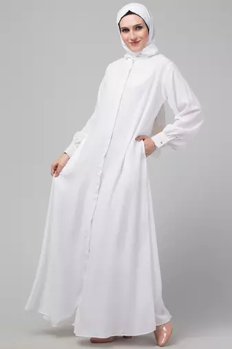 White front open casual Abaya with  cuff at sleeve