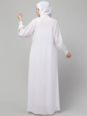 White front open casual Abaya with  cuff at sleeve 4