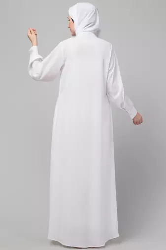 White front open casual Abaya with  cuff at sleeve
