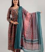 Multicolor women embroidered floral printed anarkali kurta pant with dupatta set