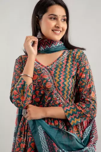Multicolor women embroidered floral printed anarkali kurta pant with dupatta set