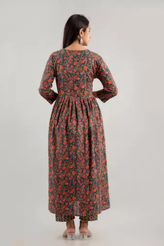 Multicolor women embroidered floral printed anarkali kurta pant with dupatta set