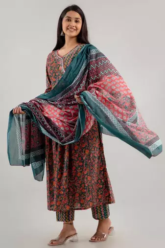 Multicolor women embroidered floral printed anarkali kurta pant with dupatta set