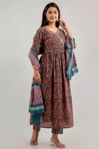Multicolor women embroidered floral printed anarkali kurta pant with dupatta set