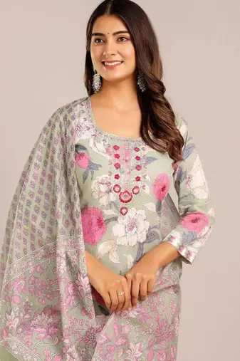 Multicolor women embroidered floral printed aline kurta pant with dupatta set