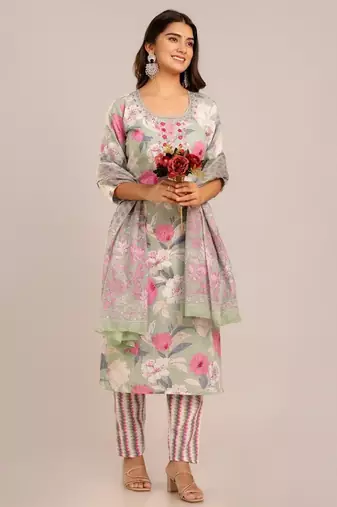 Multicolor women embroidered floral printed aline kurta pant with dupatta set