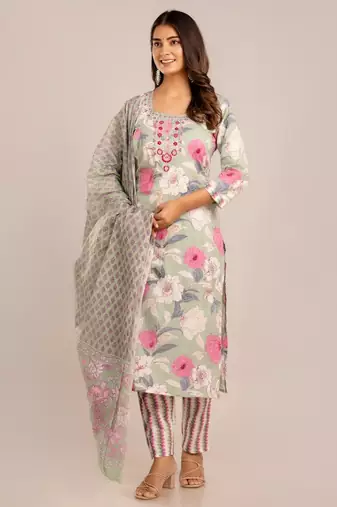 Multicolor women embroidered floral printed aline kurta pant with dupatta set