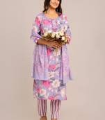 Lightblue women embroidered floral printed aline kurta pant with dupatta set