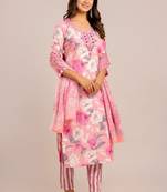 Lightpink women embroidered floral printed aline kurta pant with dupatta set