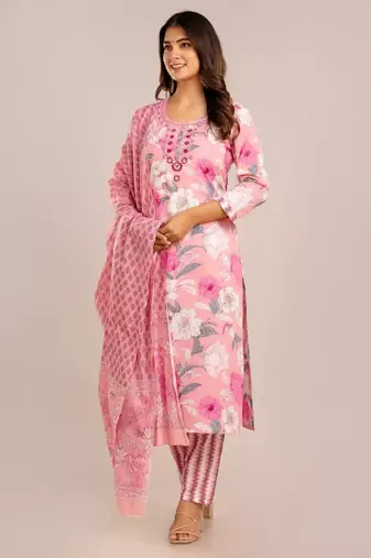 Lightpink women embroidered floral printed aline kurta pant with dupatta set
