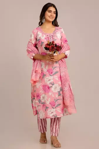 Lightpink women embroidered floral printed aline kurta pant with dupatta set