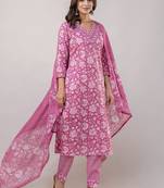 Pink women embroidered floral printed aline kurta pant with dupatta set