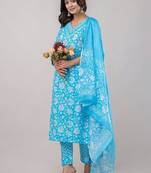 Skyblue women embroidered floral printed aline kurta pant with dupatta set