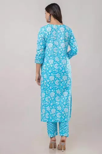 Skyblue women embroidered floral printed aline kurta pant with dupatta set