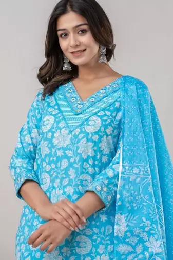 Skyblue women embroidered floral printed aline kurta pant with dupatta set