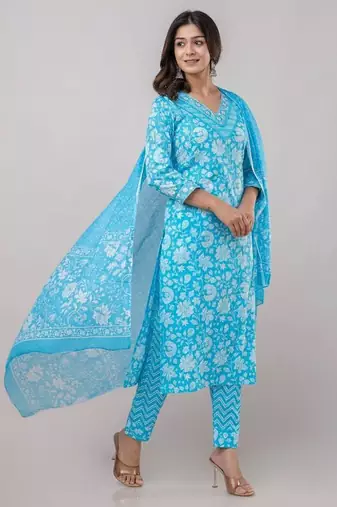 Skyblue women embroidered floral printed aline kurta pant with dupatta set