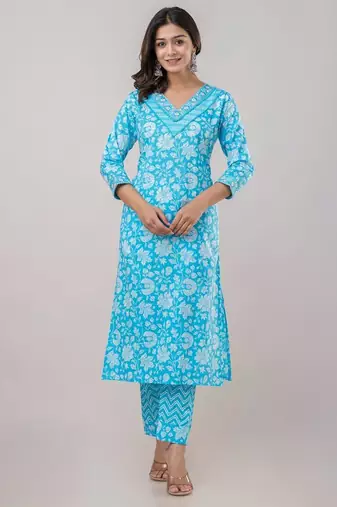 Skyblue women embroidered floral printed aline kurta pant with dupatta set