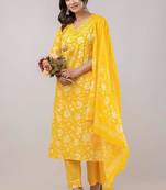 Yellow women embroidered floral printed aline kurta pant with dupatta set