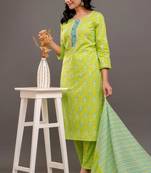 Green women embroidered floral printed aline kurta pant with dupatta set