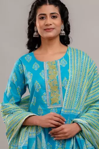 Skyblue women embroidered floral printed aline kurta pant with dupatta set