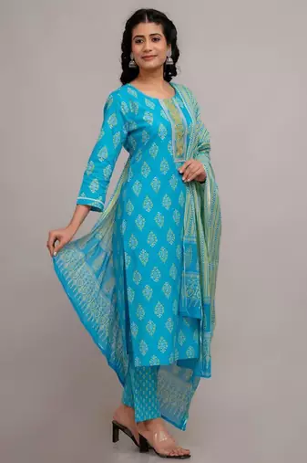 Skyblue women embroidered floral printed aline kurta pant with dupatta set