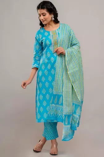 Skyblue women embroidered floral printed aline kurta pant with dupatta set