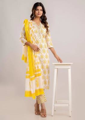 Yellow women embroidered floral printed aline kurta pant with dupatta set 1