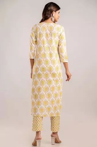 Yellow women embroidered floral printed aline kurta pant with dupatta set